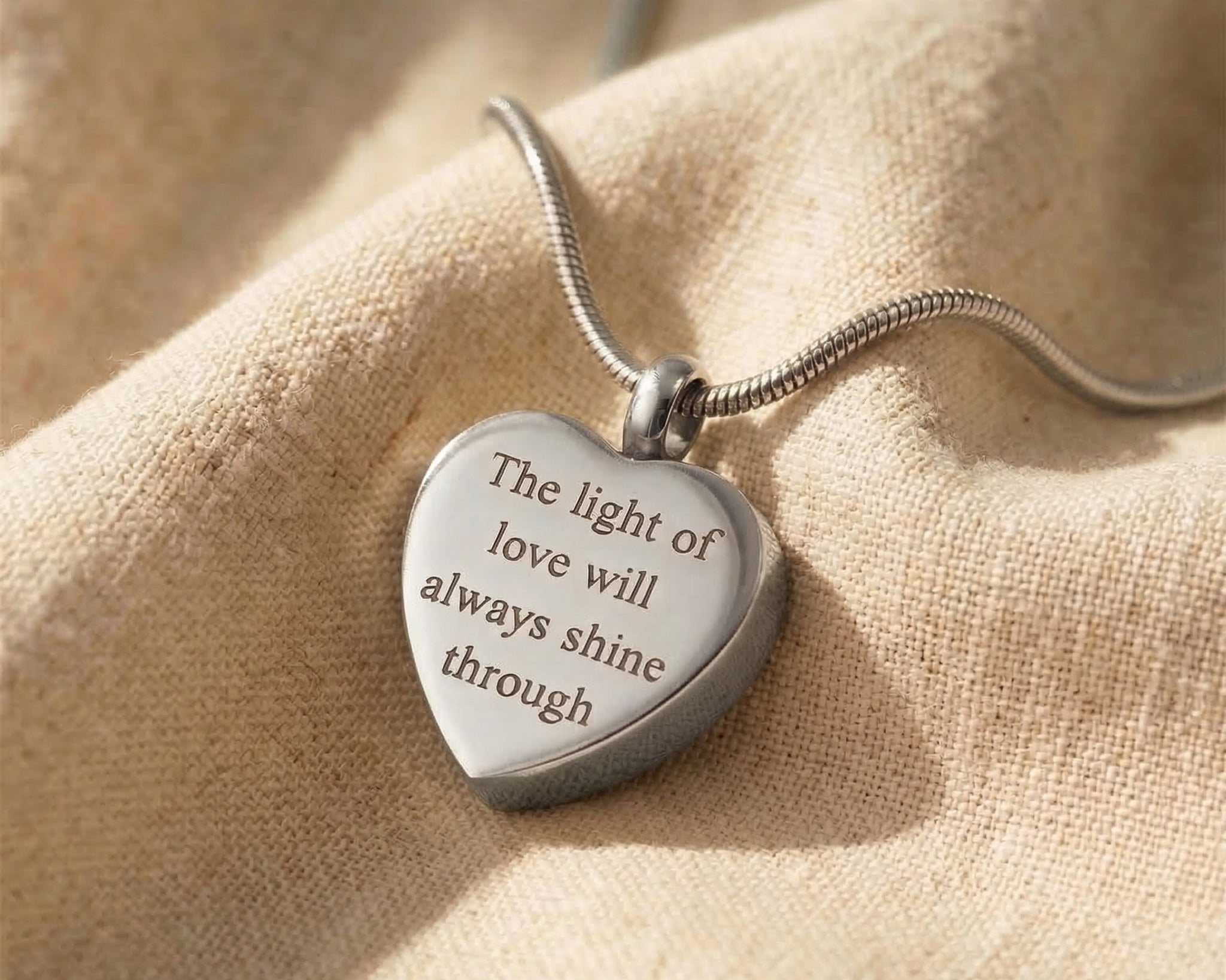 Heart Cremation Necklace in silver with engraved message, memorial keepsake jewellery
