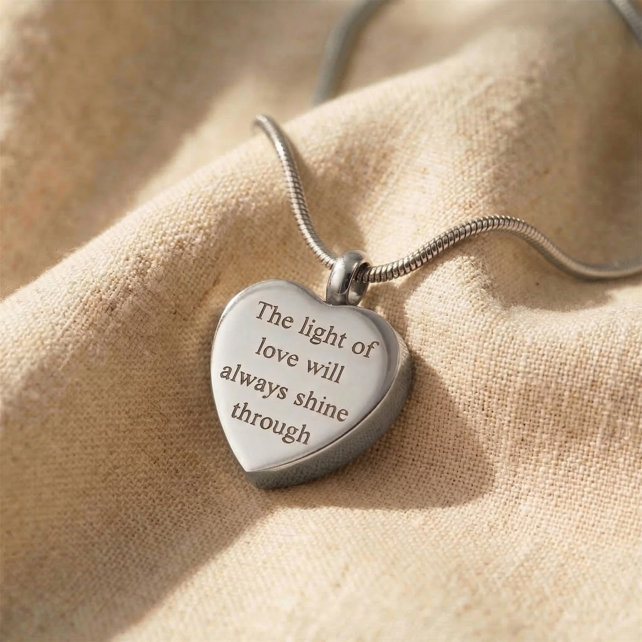 Heart Cremation Necklace in silver with engraved message, memorial keepsake jewellery