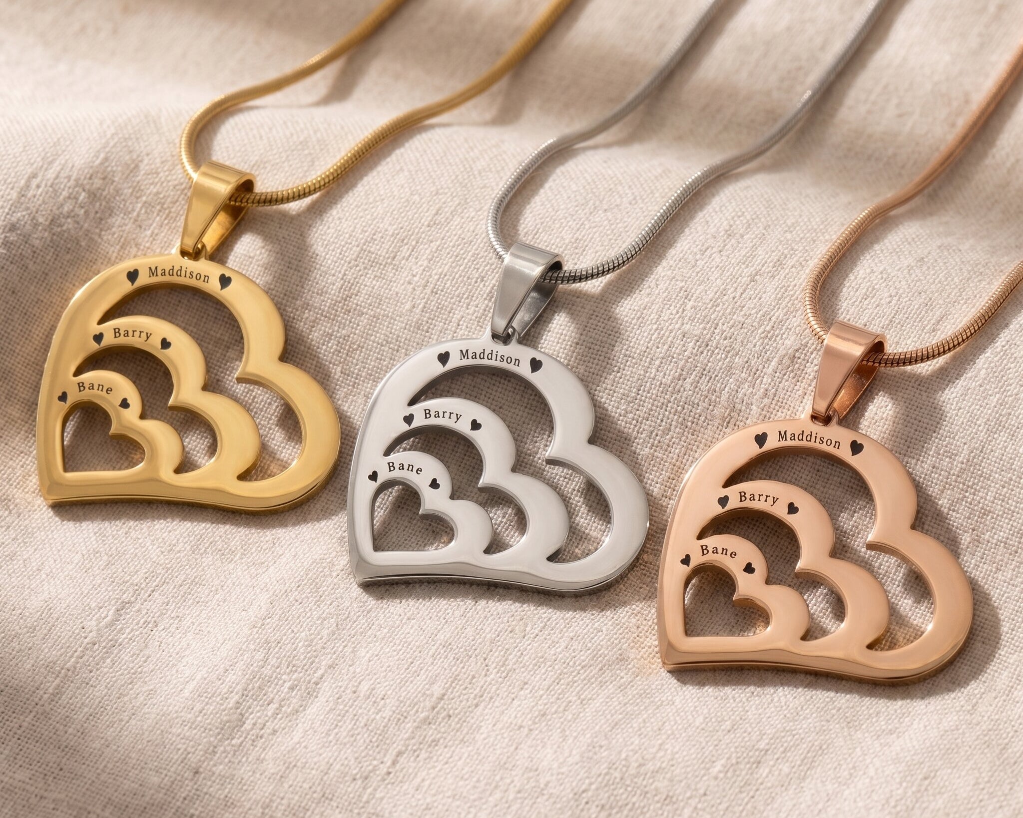 Heart of love necklace tone comparison showing gold, silver and rose gold sentimental keepsake jewellery finishes