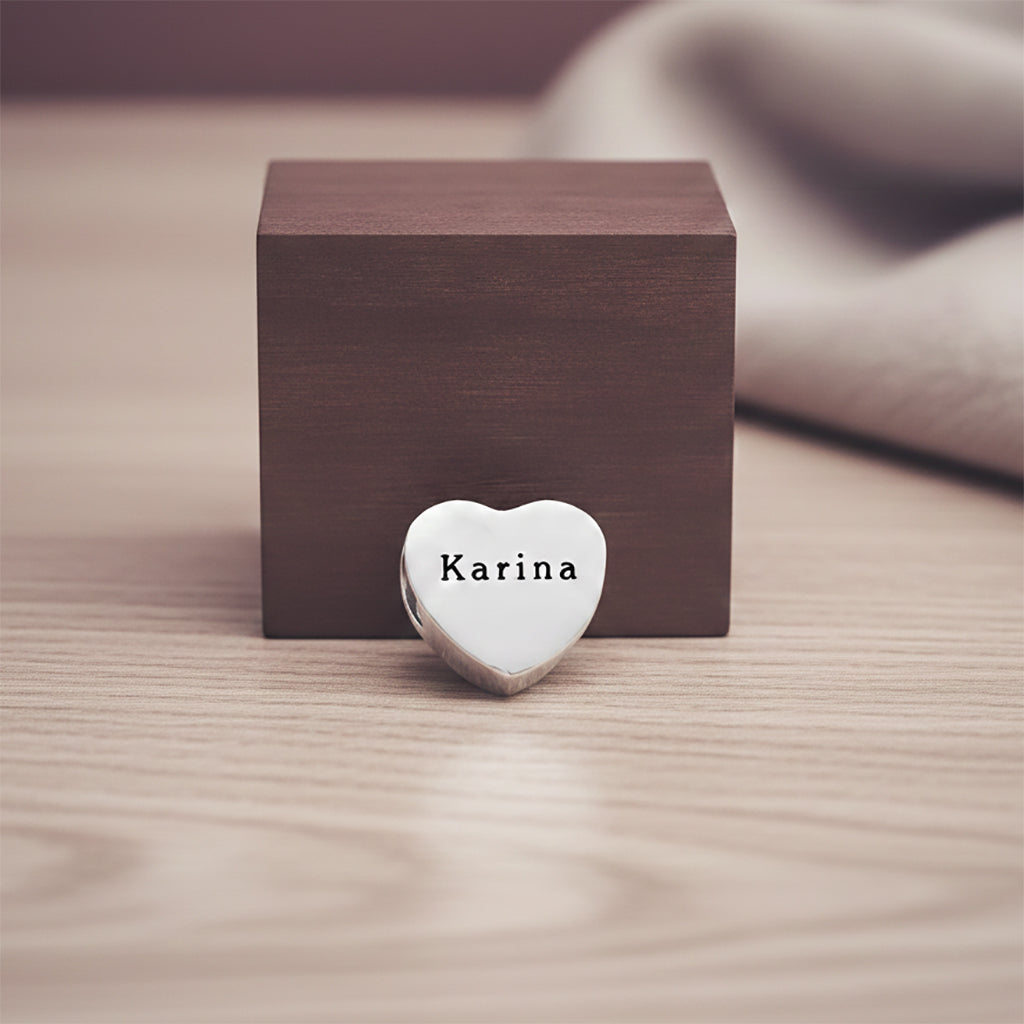 belle fever silver personalized heart charm bead displayed besides gift box, engraved Moments bracelet charm for European style jewelry