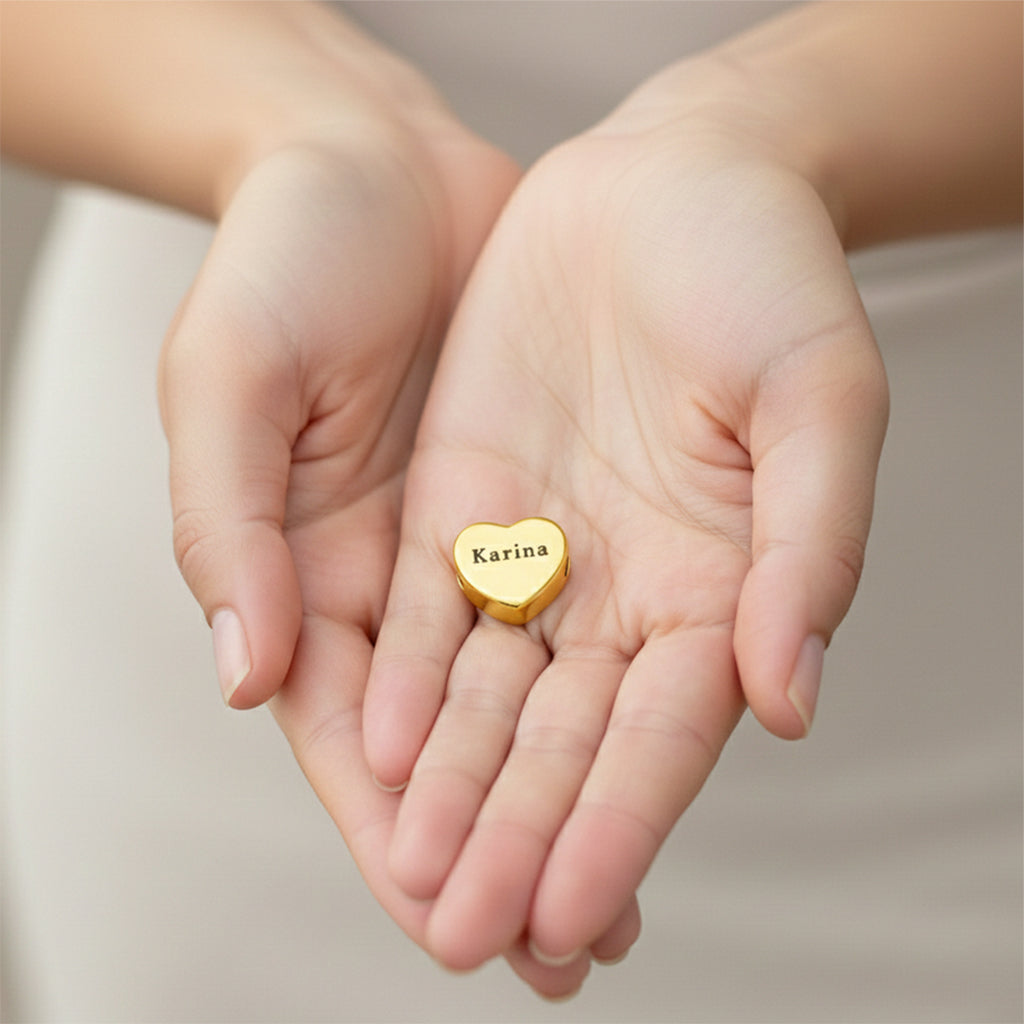 belle fever personalized heart charm for Moments bracelet in gold tone, engraved name bead for European style jewelry