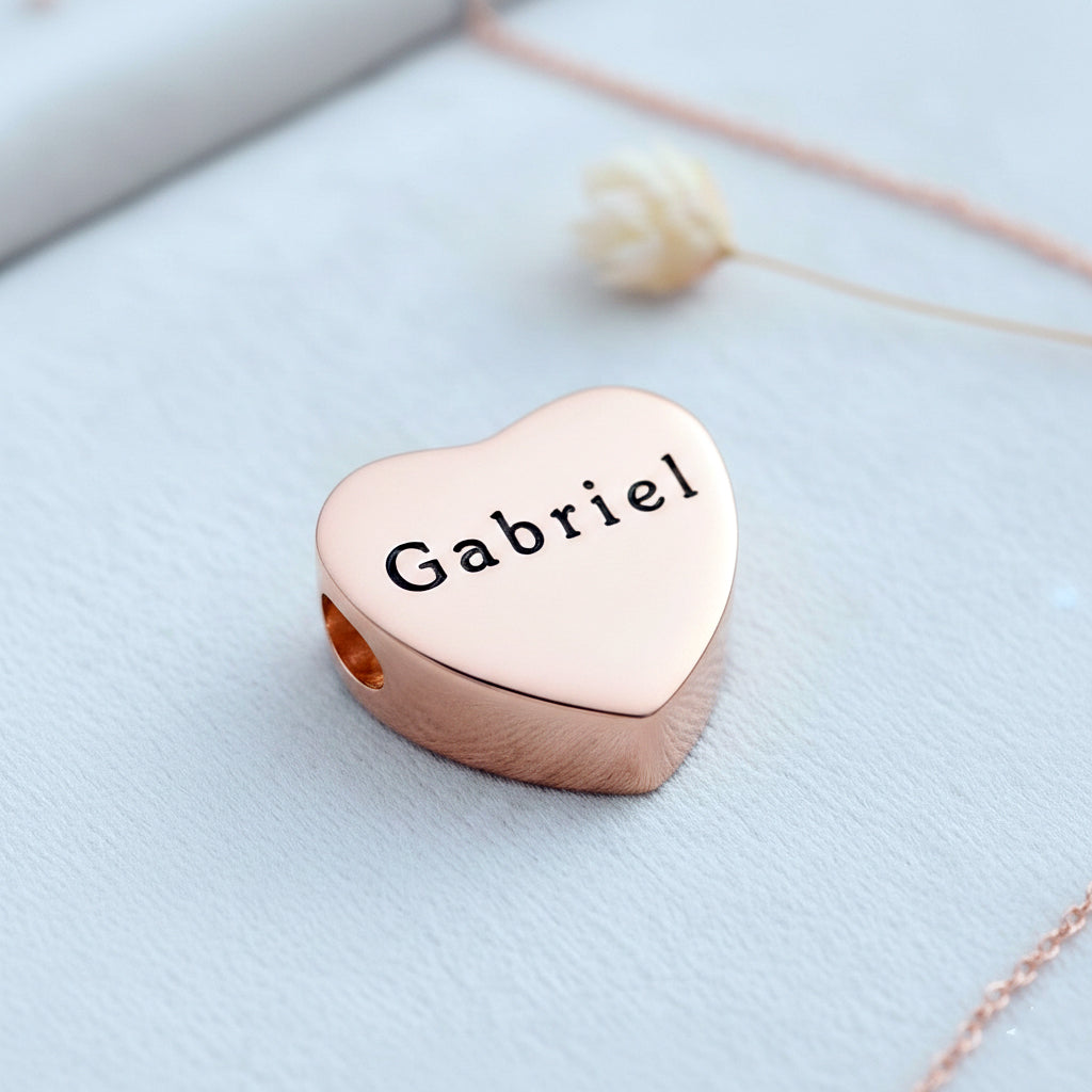 belle fever custom engraved heart charm bead in rose gold, Moments bracelet charm compatible with European style jewelry