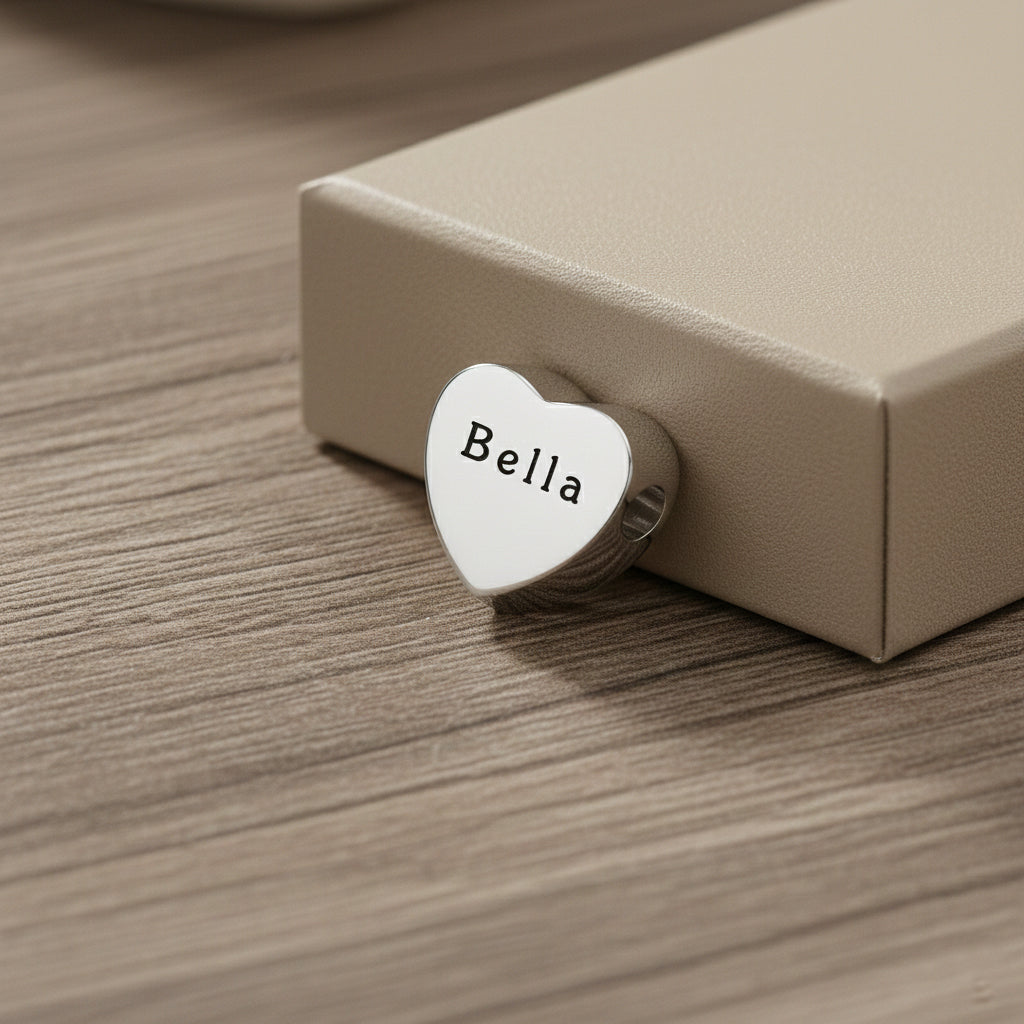 belle fever engraved heart charm bead for Moments bracelet, personalized name charm fits European style jewelry