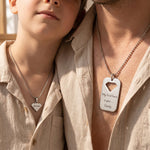 Models wearing personalised dog tag necklace, meaningful keepsake jewellery gift for dad, partner or loved one