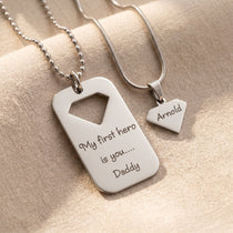 Heroic man dog tag necklace in silver with engraved message, personalised memorial keepsake jewellery