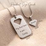 Heroic man dog tag necklace size guide showing pendant dimensions and engraving space detail