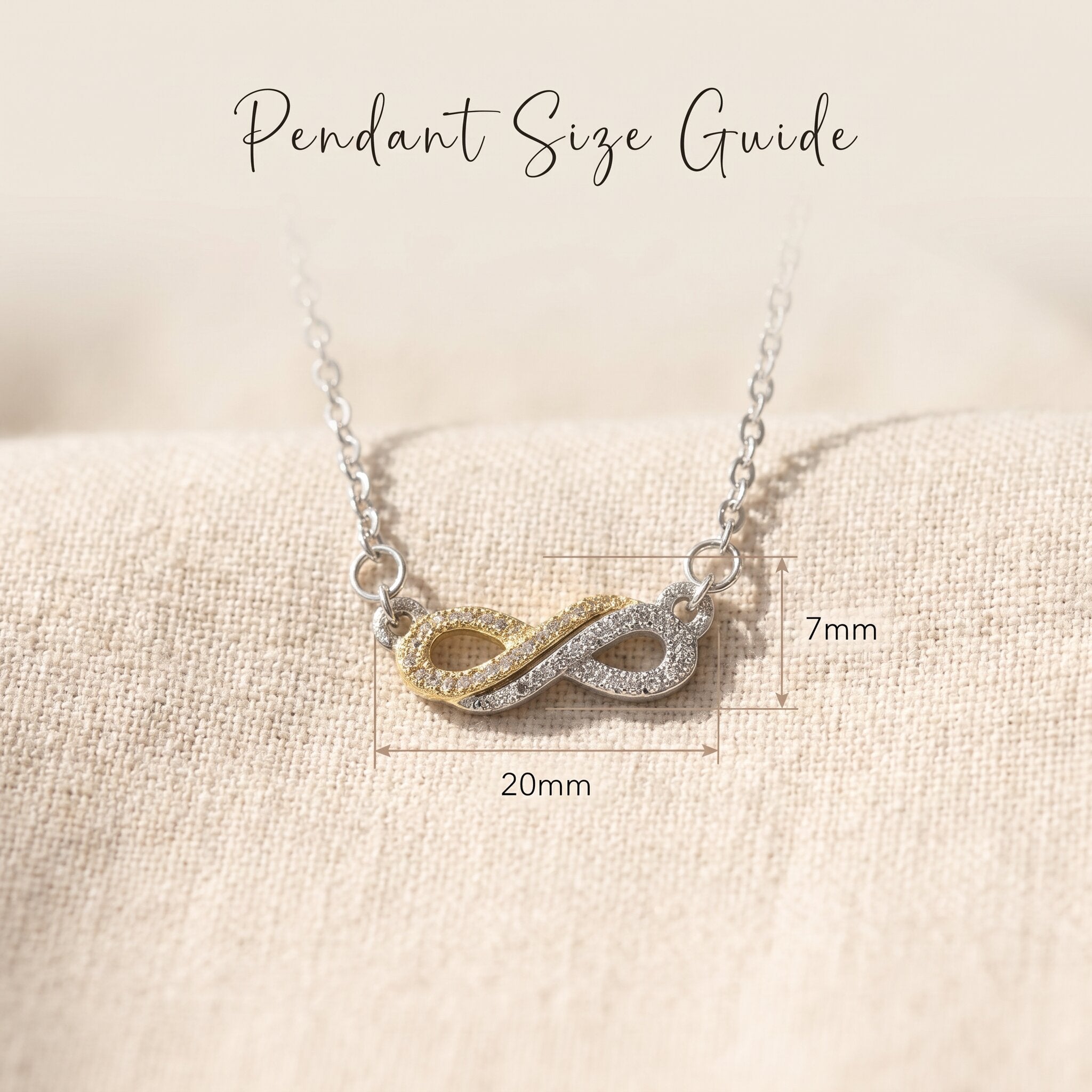 Highs and lows necklace size guide showing pendant design and chain length detail