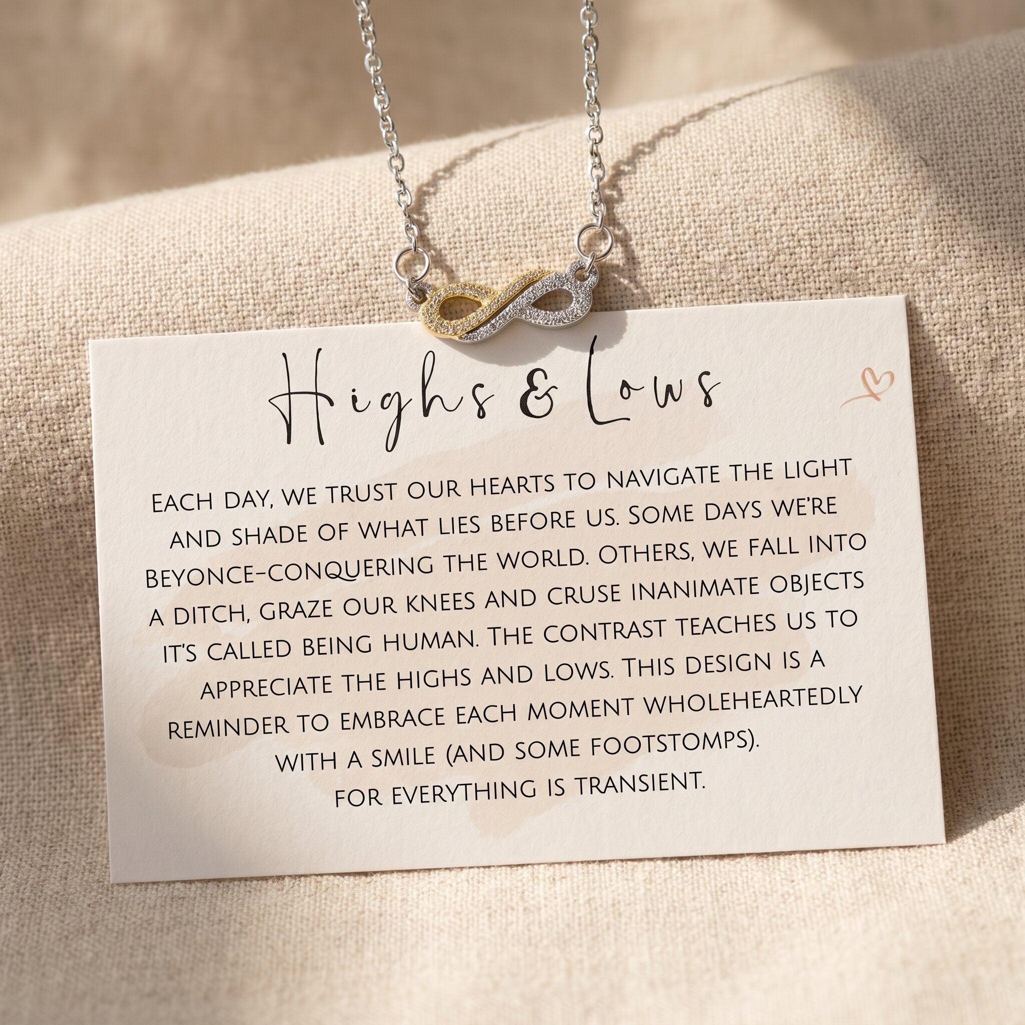 Highs and lows necklace with message card, meaningful relationship keepsake jewellery gift