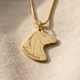 Horse head name necklace in gold with engraved name, elegant personalised jewellery design