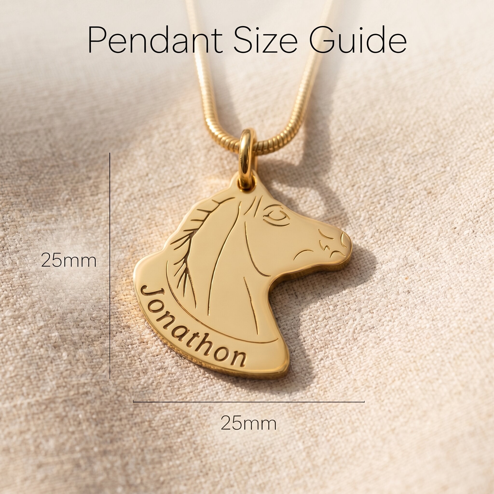 Horse head name necklace size guide showing pendant dimensions and chain length