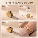 Instructions showing how to fill cremation charm with ashes