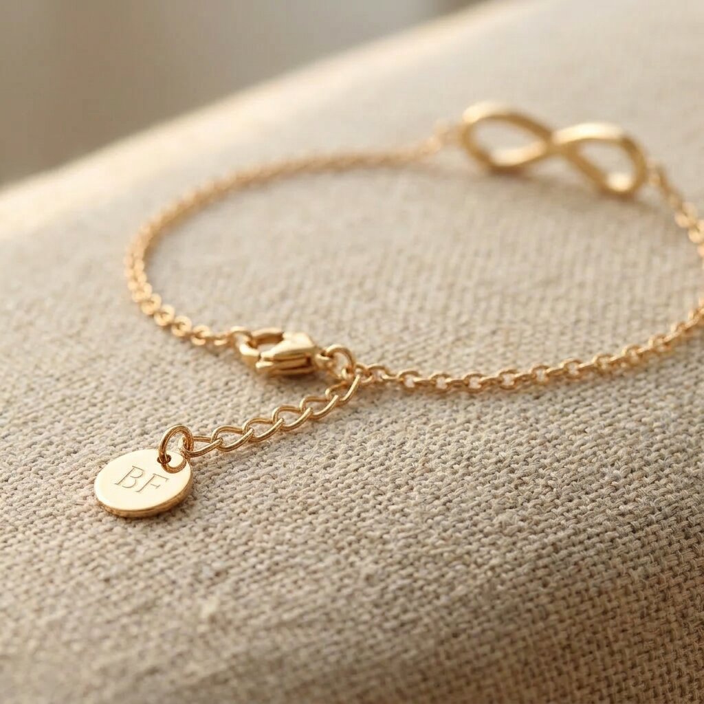 Close up of infinity bracelet with delicate chain and infinity symbol detai
