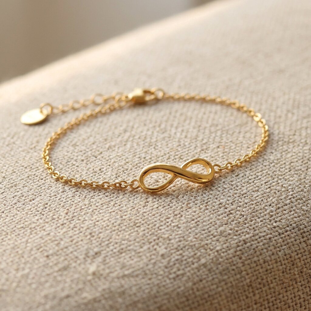 Gold infinity bracelet with delicate chain and infinity symbol displayed on neutral fabric background