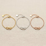 Infinity bracelet in gold silver and rose gold finishes with delicate chain design
