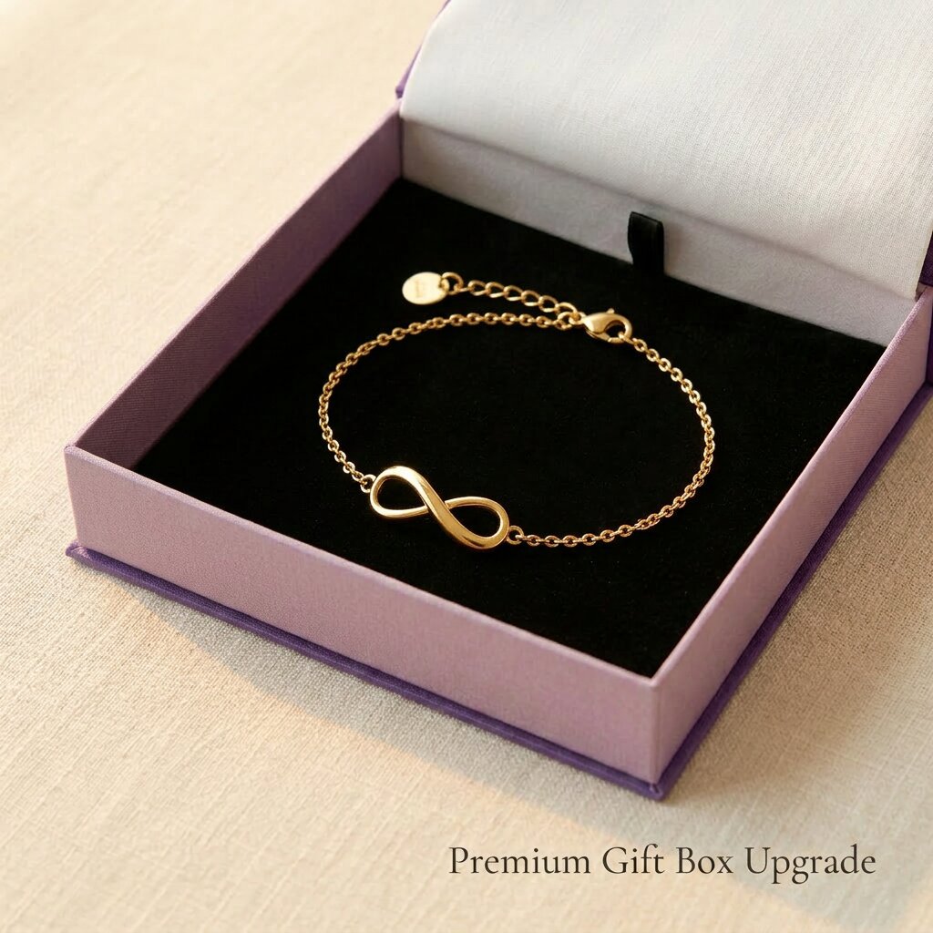 Infinity bracelet displayed with jewelry gift wallet packaging