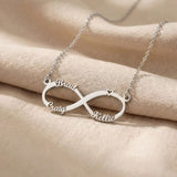 Silver infinity name necklace with custom name on infinity pendant design