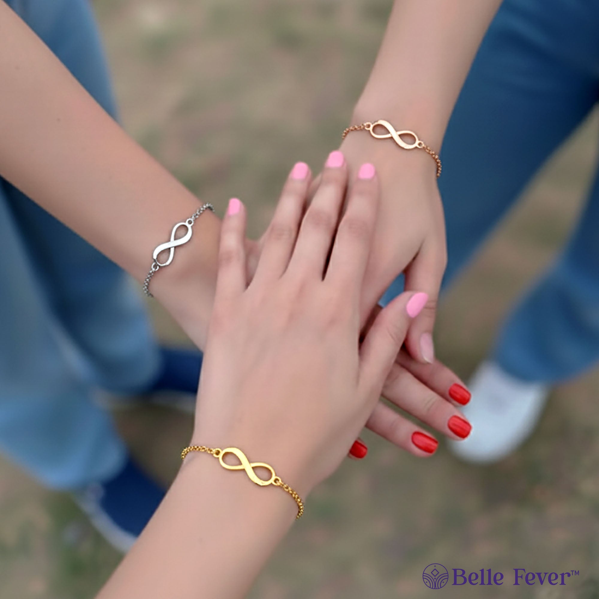 Gold Infinity Bracelet worn on wrist — Belle Fever’s elegant symbol of endless love, crafted to celebrate precious relationships.