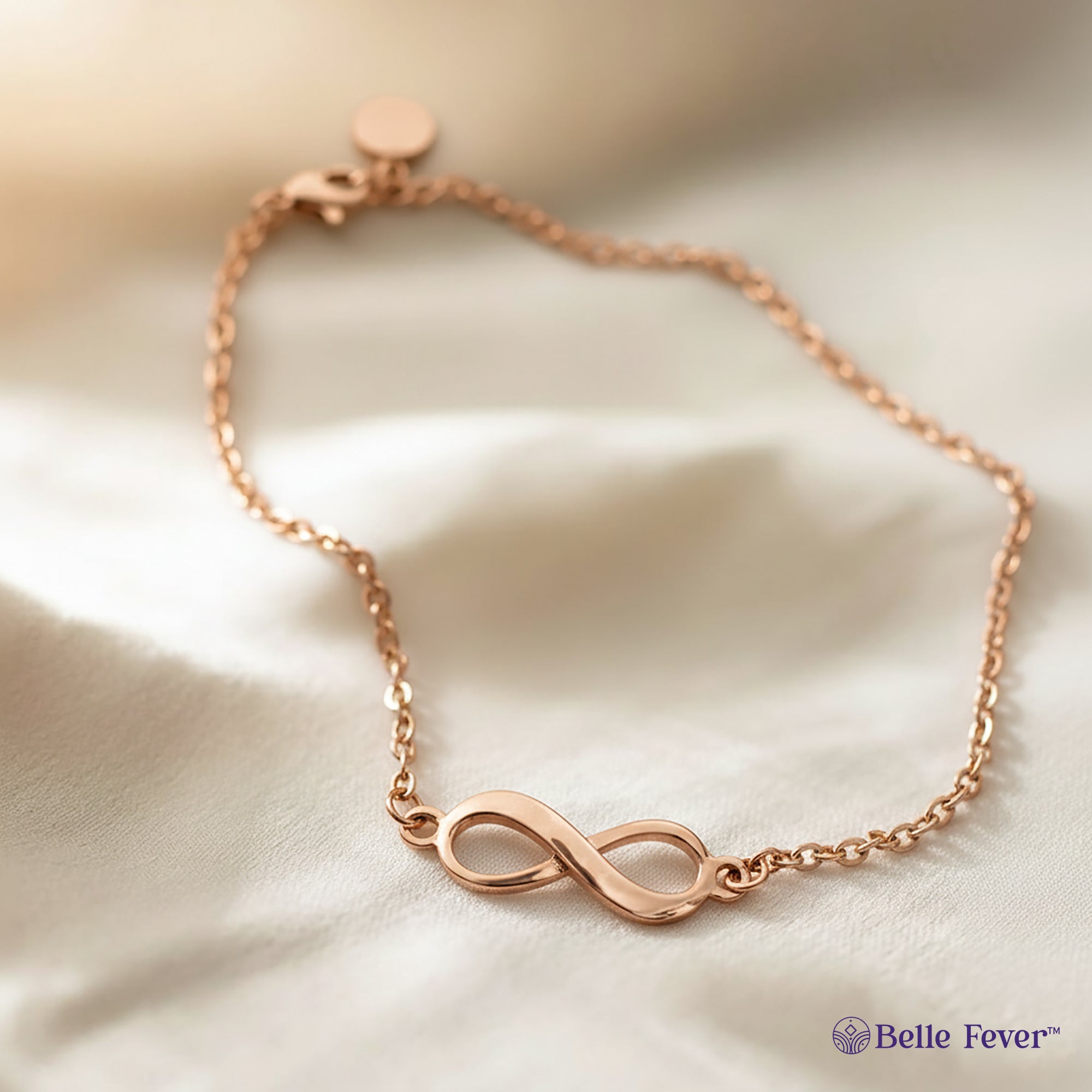 Rose gold Infinity Bracelet by Belle Fever — soft, elegant design featuring the infinity symbol as a tribute to love that lasts forever.