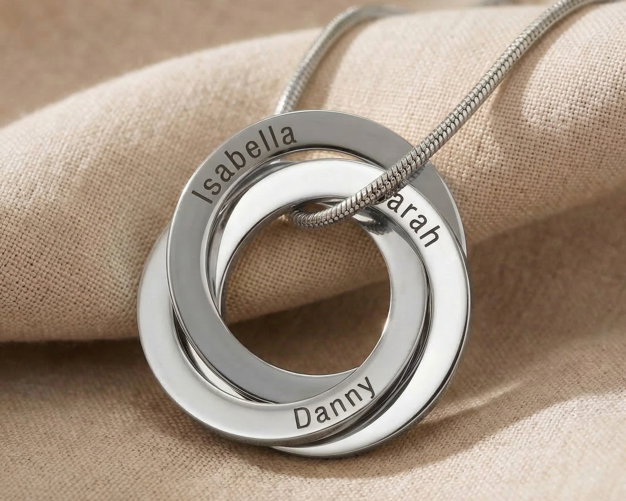 Interlinked Love Ring Necklace in silver with interlocking rings, minimalist personalised jewellery