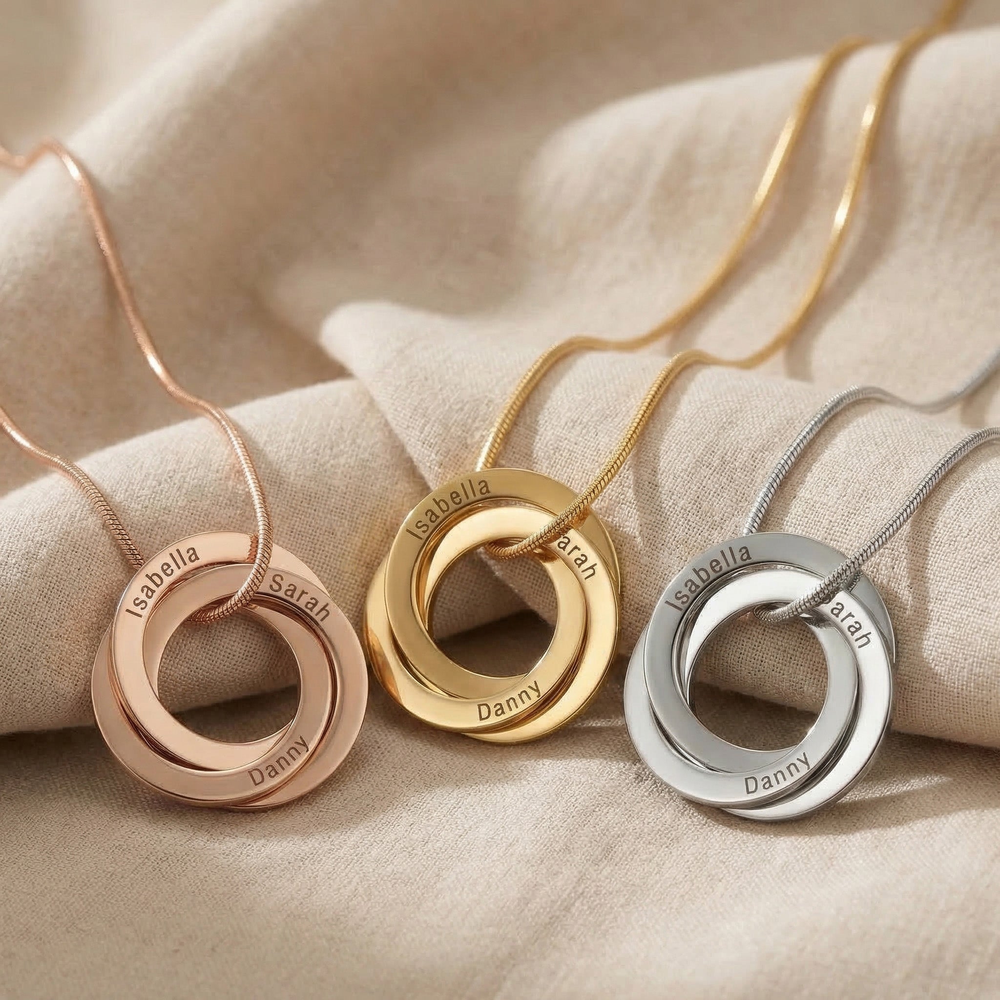 Interlinked Love Ring Necklace tone comparison showing gold, silver and rose gold finish