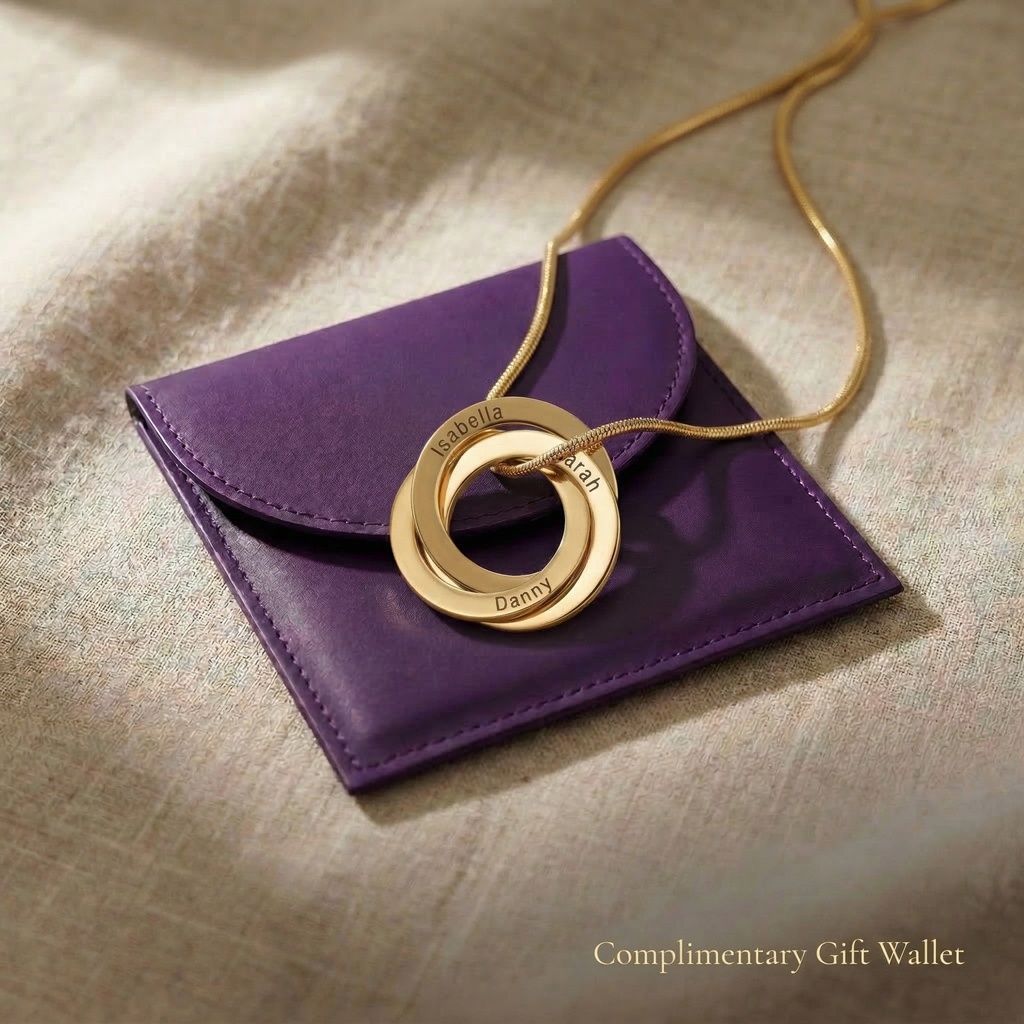 Interlinked Love Ring Necklace displayed with gift wallet packaging, personalised jewellery gift symbolising connection