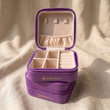 Personalised jewellery case in purple with organised compartments, elegant travel jewellery organiser gift