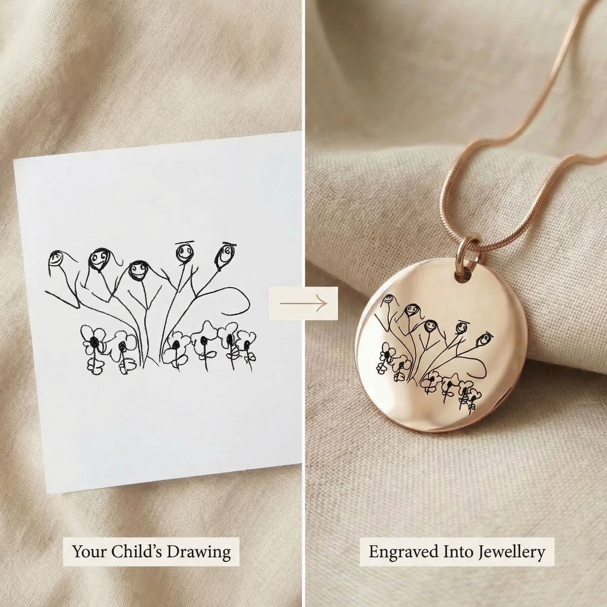 Close up of kids drawing necklace with original drawing and engraved result comparison
