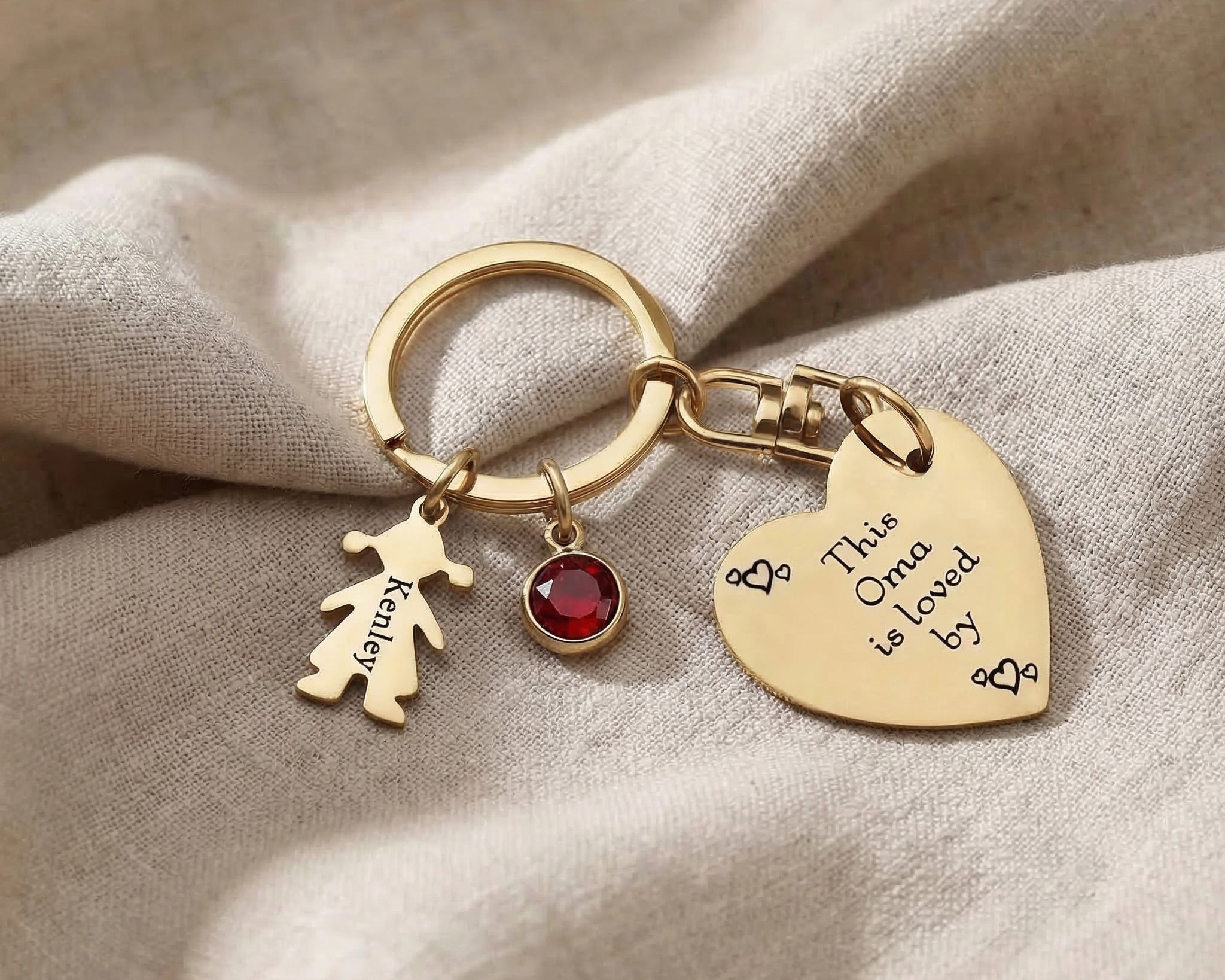 Kids Love Heart Keyring in gold with engraved heart disc and charm, personalised keepsake gift