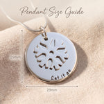 Let it go necklace size guide showing round pendant dimensions and snowfllake charm detail