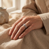 Woman wearing love crystal ring set, refined matching rings for elegant jewellery style