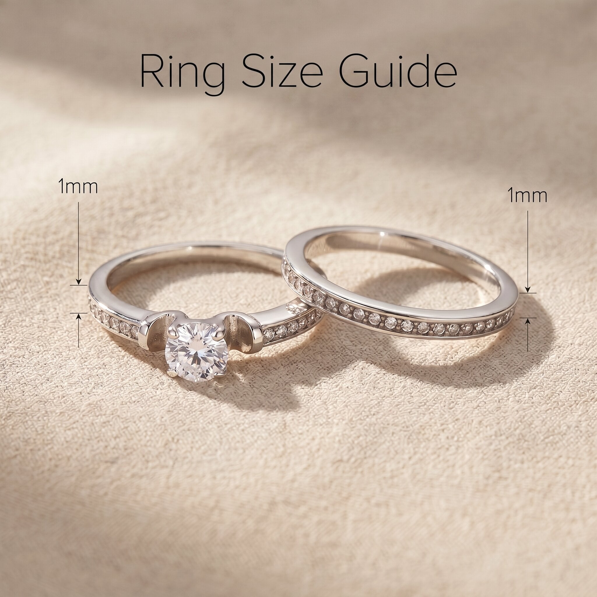 Love crystal two ring set size guide showing band width and centre stone proportions
