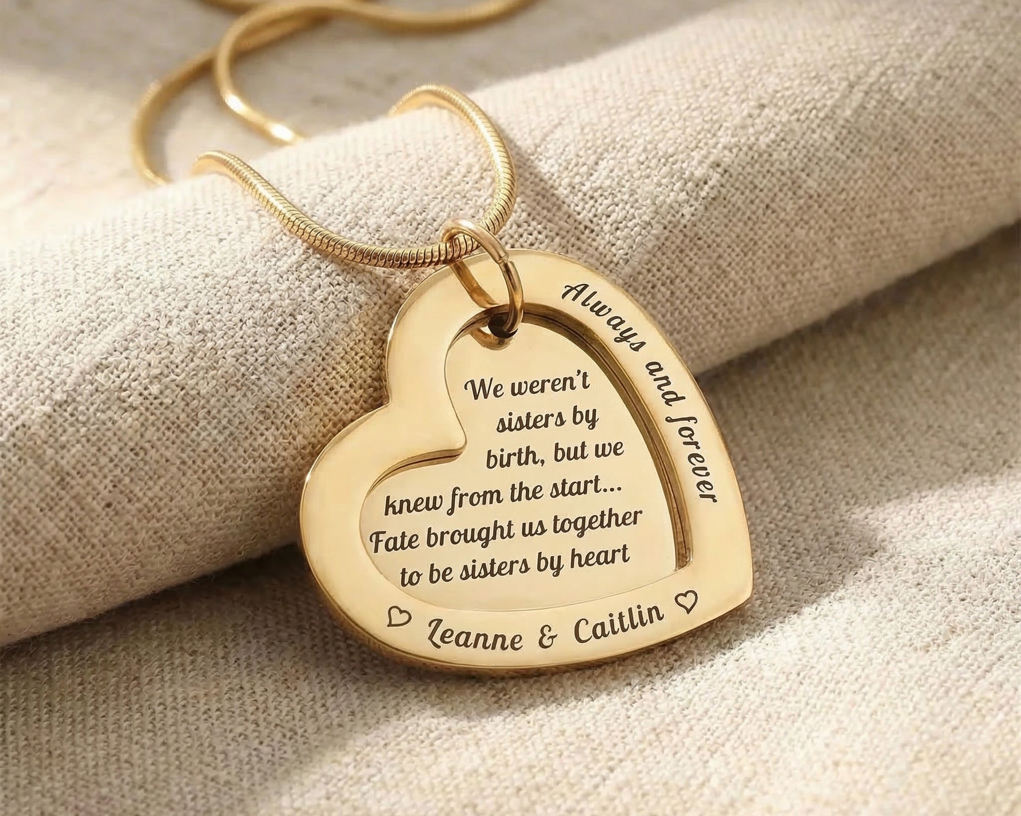 Love Forever Necklace in gold with engraved heart pendant, personalised jewellery hero image