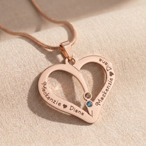 Birthstone heart necklace in rose gold with engraved detail, elegant mother jewellery gift