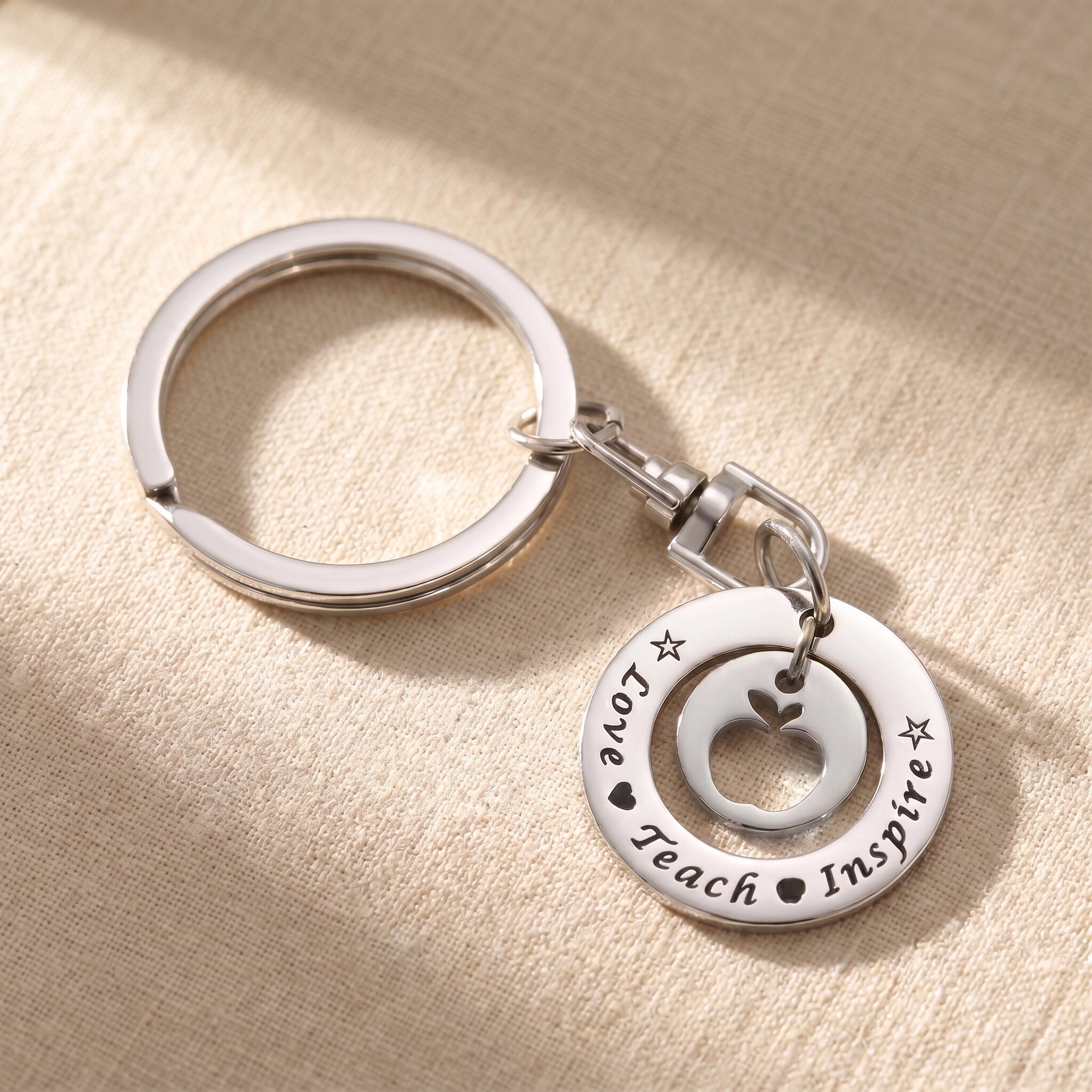 Love teach inspire keyring in silver with engraved message, thoughtful teacher gift keepsake