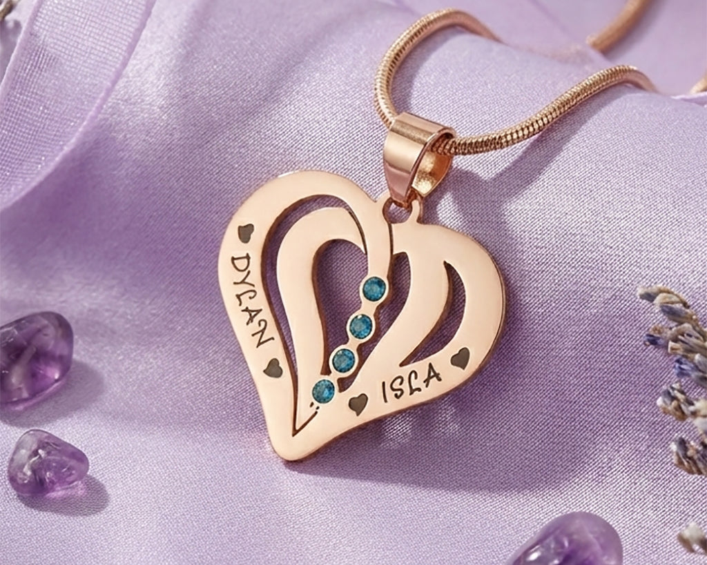 belle fever personalized love heart necklace with engraved name pendant and birthstones, sentimental keepsake jewelry