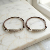 Belle Fever matching bar cord bracelet set with engraved bars, adjustable personalised couple bracelets made for shared memories.