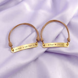 Belle Fever matching bar cord bracelet duo in gold tone, custom engraved couple bracelets designed to hold your story together.