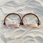 Belle Fever matching bar cord bracelet in rose gold finish, engraved personalised bracelet with adjustable brown cord, timeless unisex keepsake.