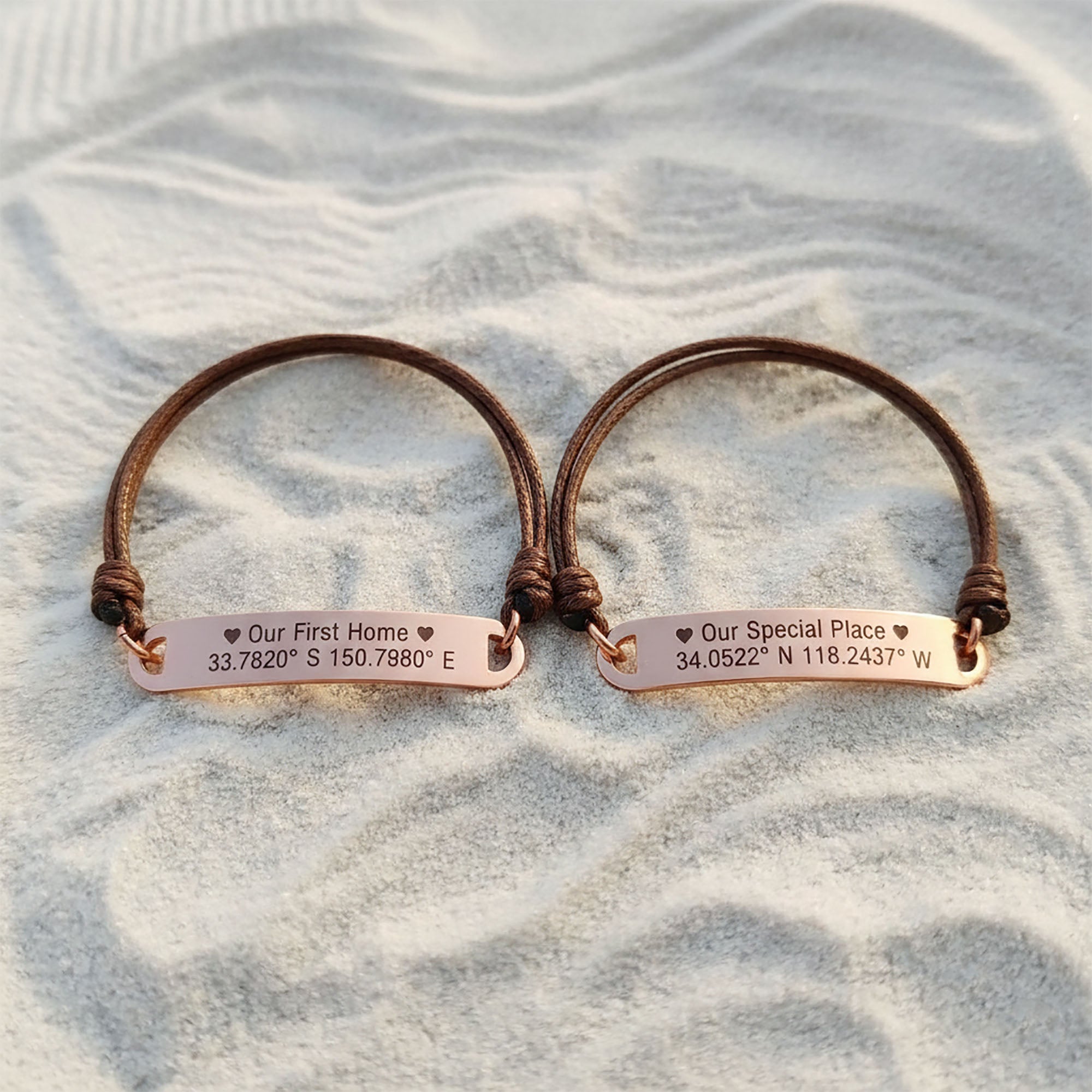 Belle Fever matching bar cord bracelet in rose gold finish, engraved personalised bracelet with adjustable brown cord, timeless unisex keepsake.