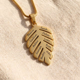 Family leaf necklace in gold medium size with engraved names, personalised family keepsake jewellery gift