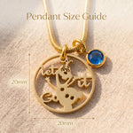 Melting snowman birthstone necklace size guide showing pendant dimensions and birthstone detail