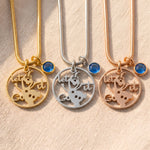 Melting snowman birthstone necklace tone comparison showing gold, silver and rose gold design finishes