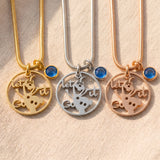 Melting snowman birthstone necklace tone comparison showing gold, silver and rose gold design finishes