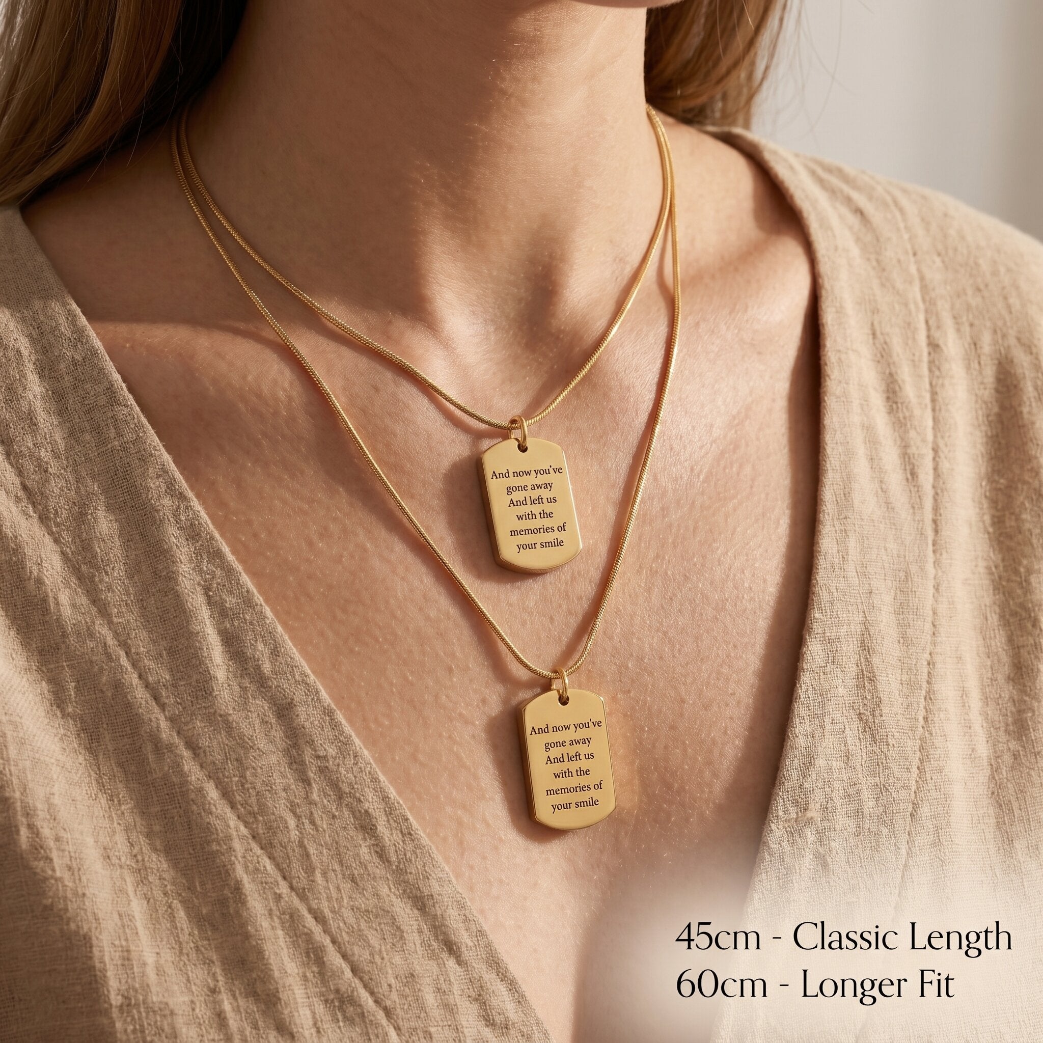 Woman wearing memory tag cremation necklace showing chain length and memorial pendant placement