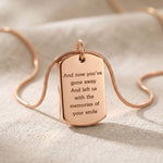 Memory tag cremation necklace in rose gold, engraved memorial ashes keepsake jewellery for remembrance