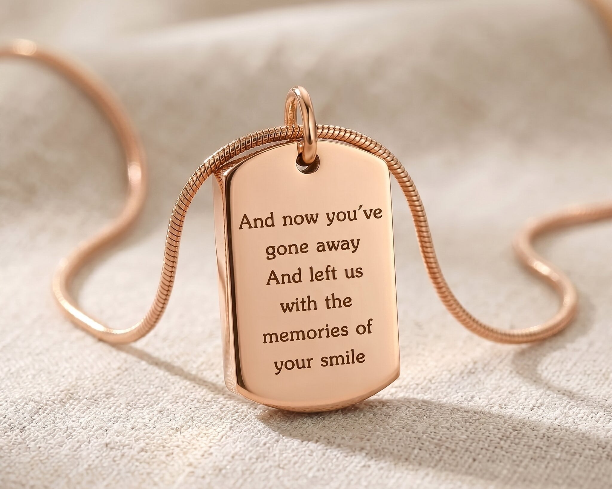 Memory tag cremation necklace in rose gold, engraved memorial ashes keepsake jewellery for remembrance