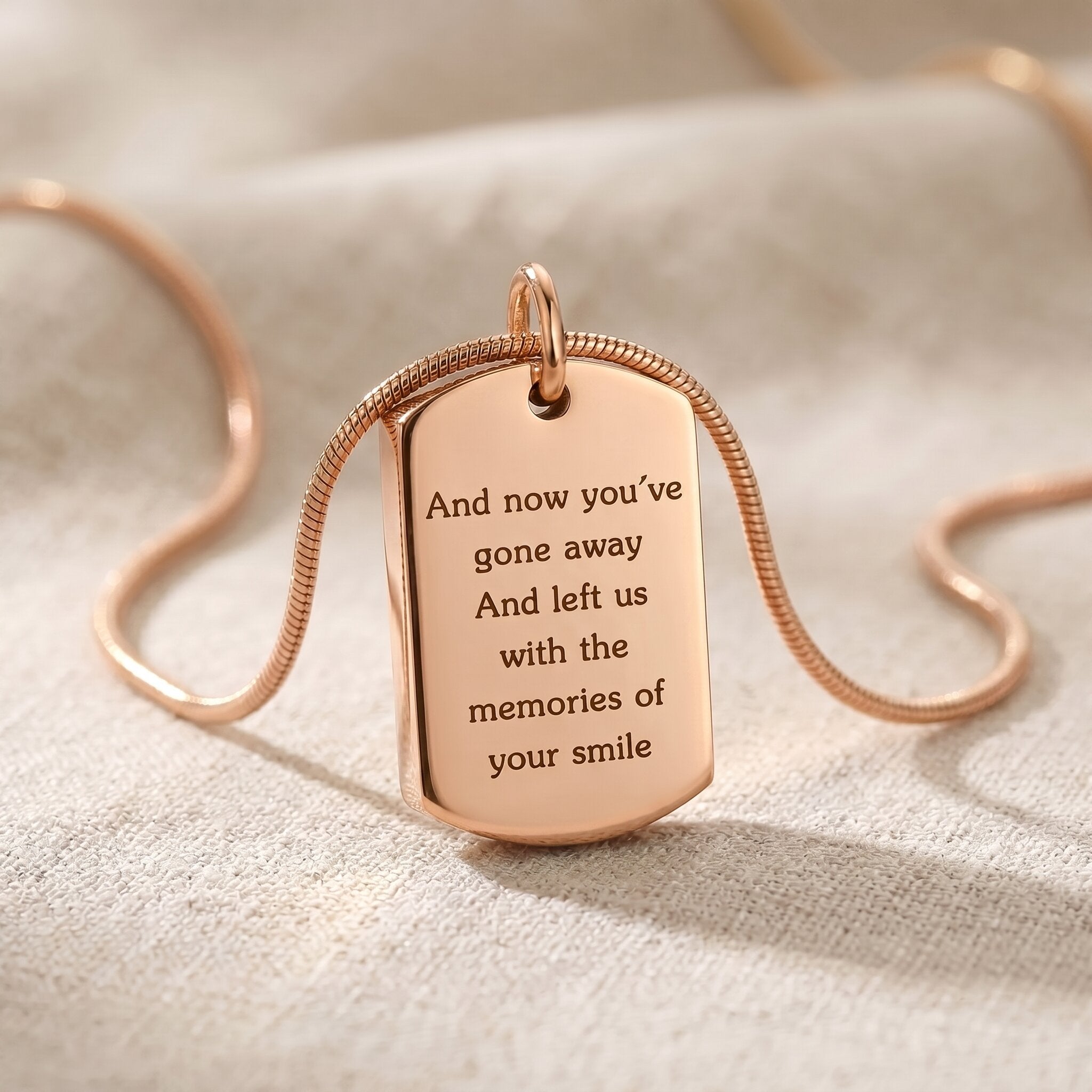 Memory tag cremation necklace in rose gold, engraved memorial ashes keepsake jewellery for remembrance