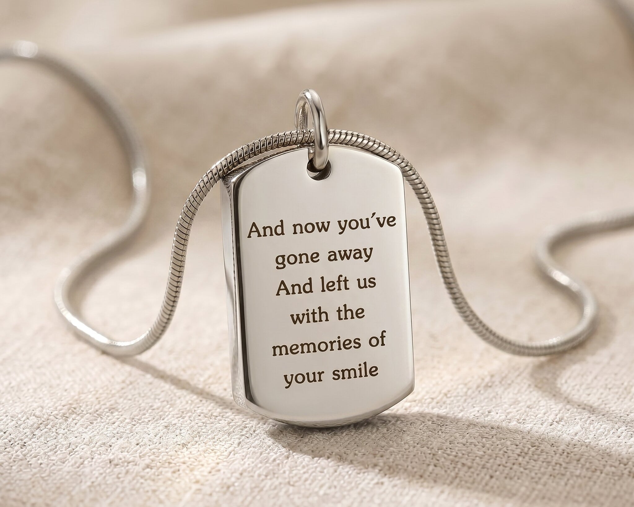 Memory tag cremation necklace in silver, engraved memorial jewellery for ashes and remembrance keepsake