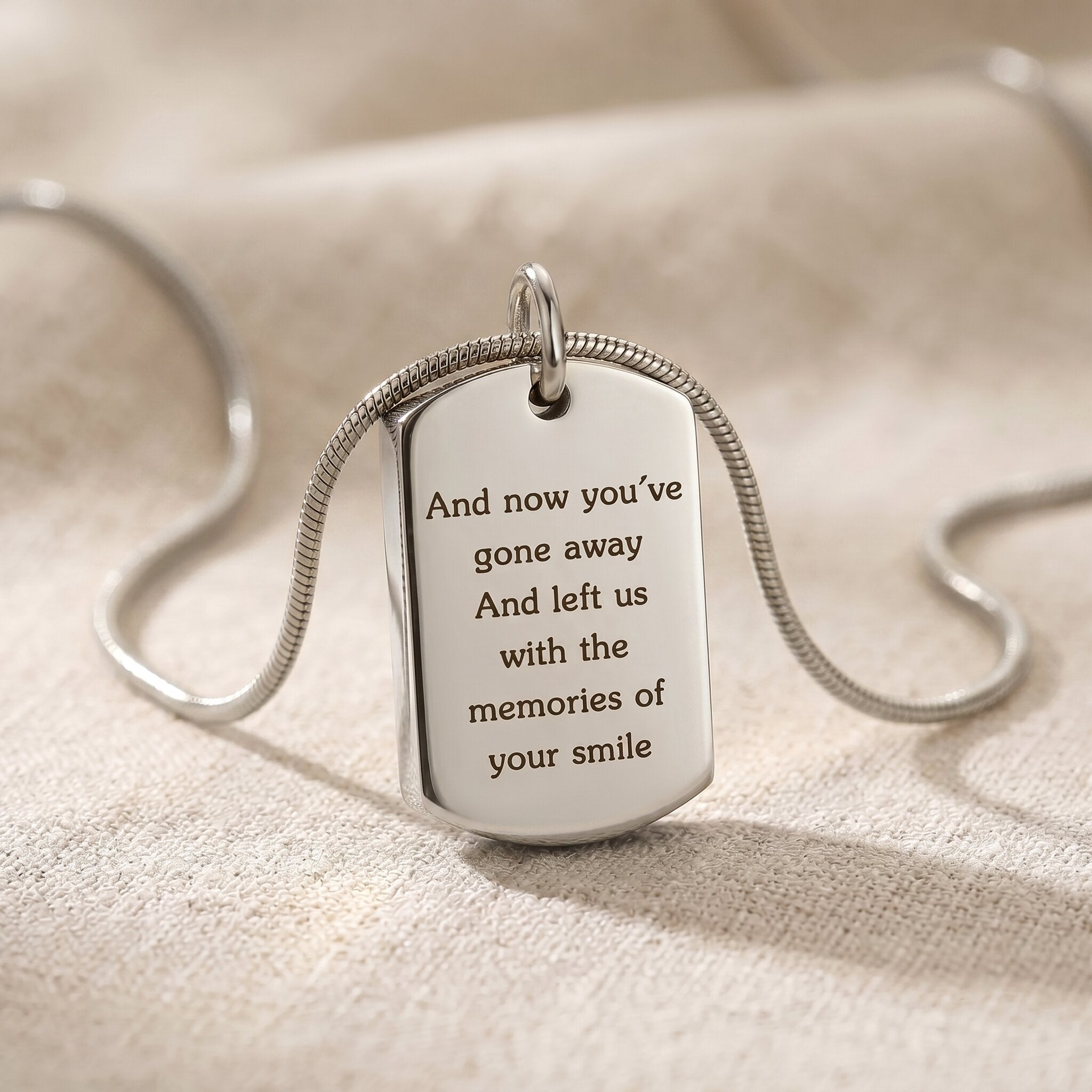 Memory tag cremation necklace in silver, engraved memorial jewellery for ashes and remembrance keepsake