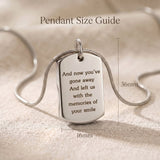 Memory tag cremation necklace size guide showing pendant dimensions and memorial engraving detail